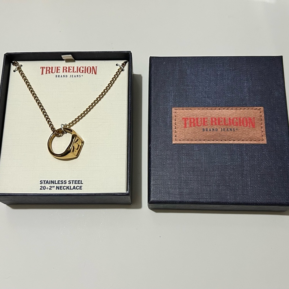 20+2” Gold Tone Men Chain Necklace & Ring Stainless Steel True Religion Gift Box